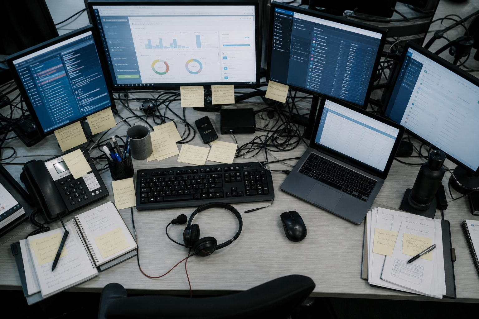 Mehrere Bildschirme mit unterschiedlichen Software-Oberflächen auf einem unübersichtlichen Schreibtisch symbolisieren fragmentierte Systemlandschaften.