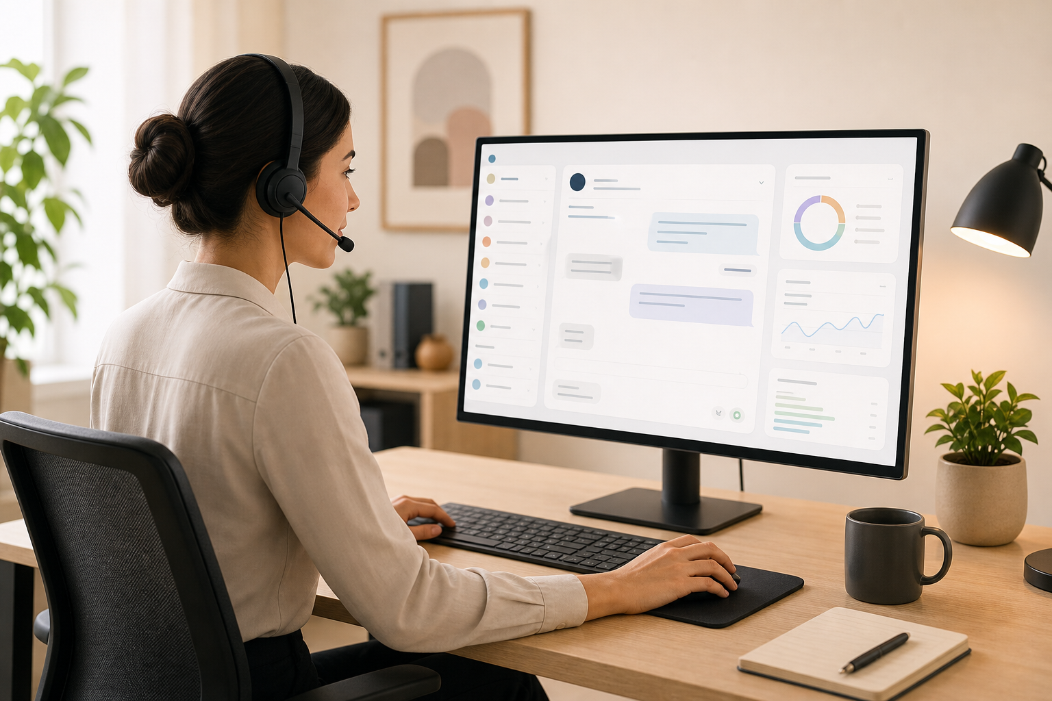 Ein Kundenservice-Mitarbeiter arbeitet an einem übersichtlichen, integrierten Arbeitsplatz mit einem einzigen Monitor.
