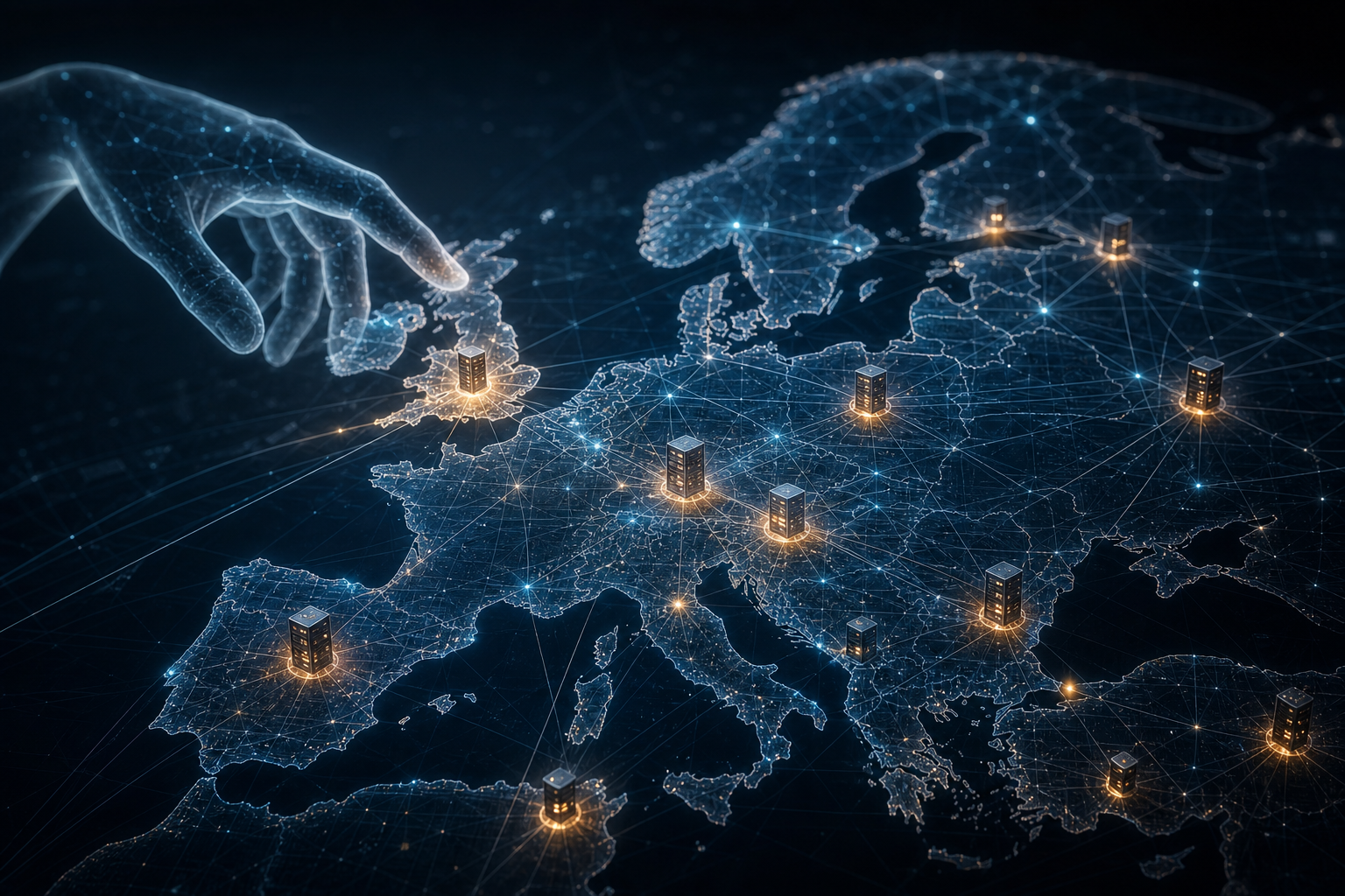 Digitale Europakarte mit Serverknoten, von der eine abstrakte Hand von außen auf Daten zugreift.