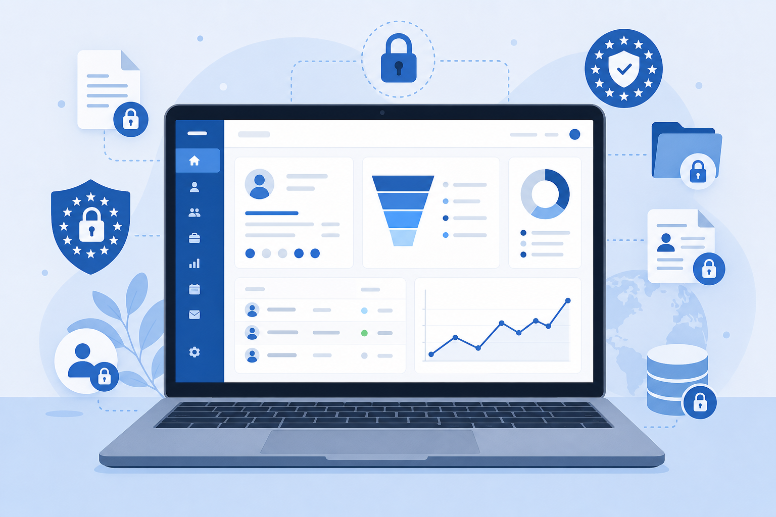 Laptop mit CRM-Dashboard, umgeben von Datenschutz-Symbolen wie Schlössern und Dokumenten.