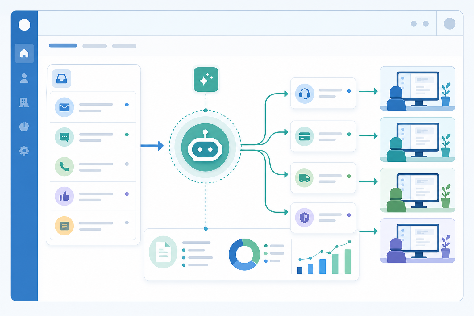 Illustration eines automatisierten KI-Ticket-Routing-Workflows mit Pfeilen und Klassifizierungssymbolen