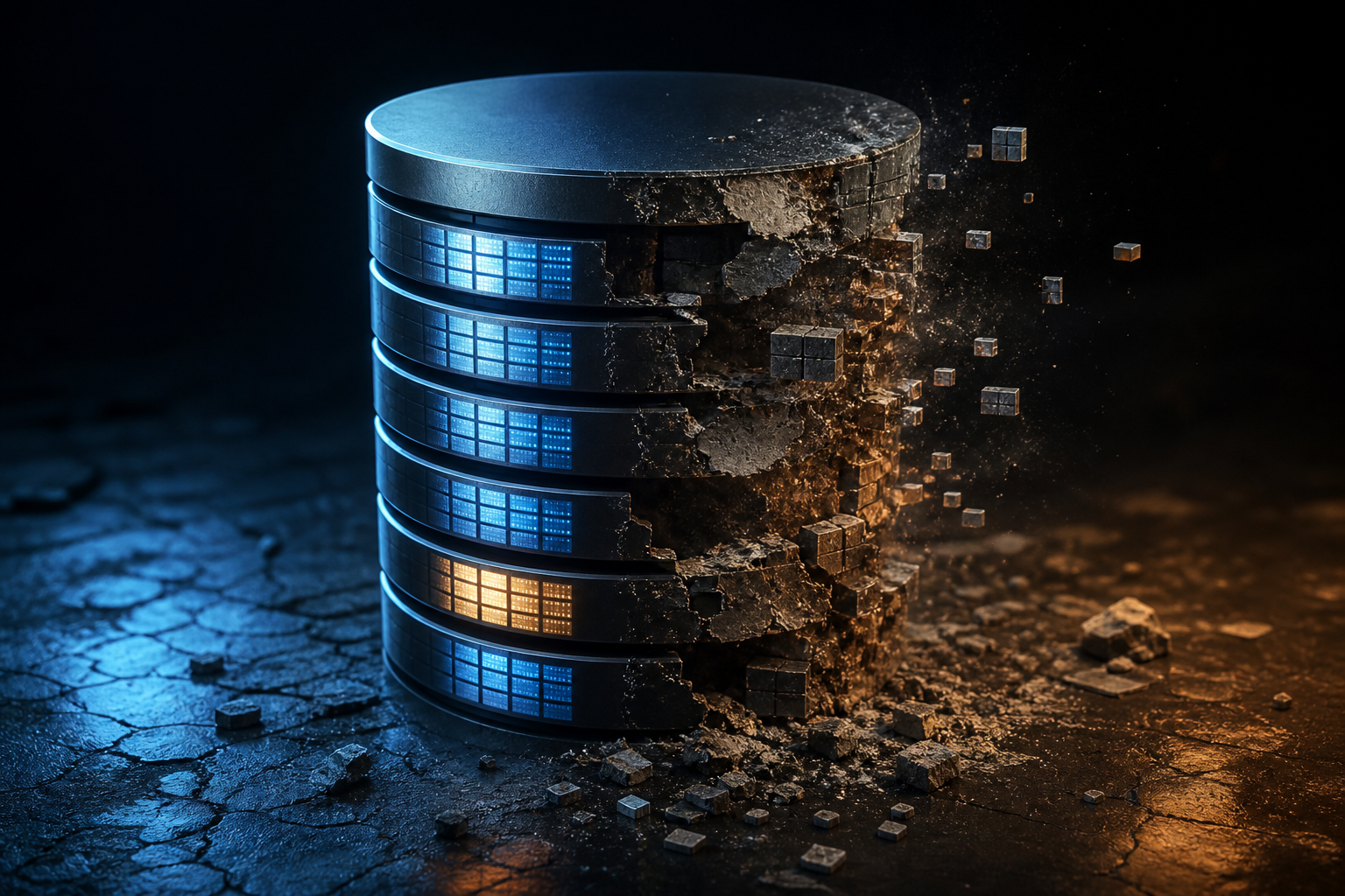 Symbolische Darstellung von Datenbankblöcken – teils sauber strukturiert, teils fragmentiert und lückenhaft