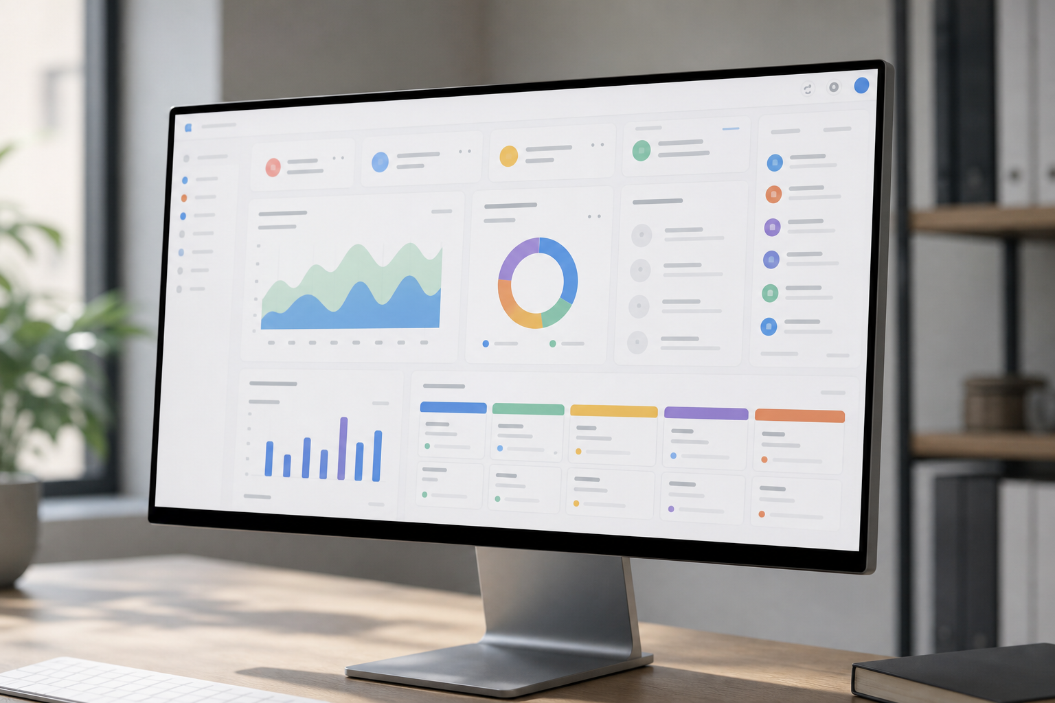 Moderner Computermonitor zeigt ein übersichtliches CRM-Dashboard mit Diagrammen und Kontaktlisten.