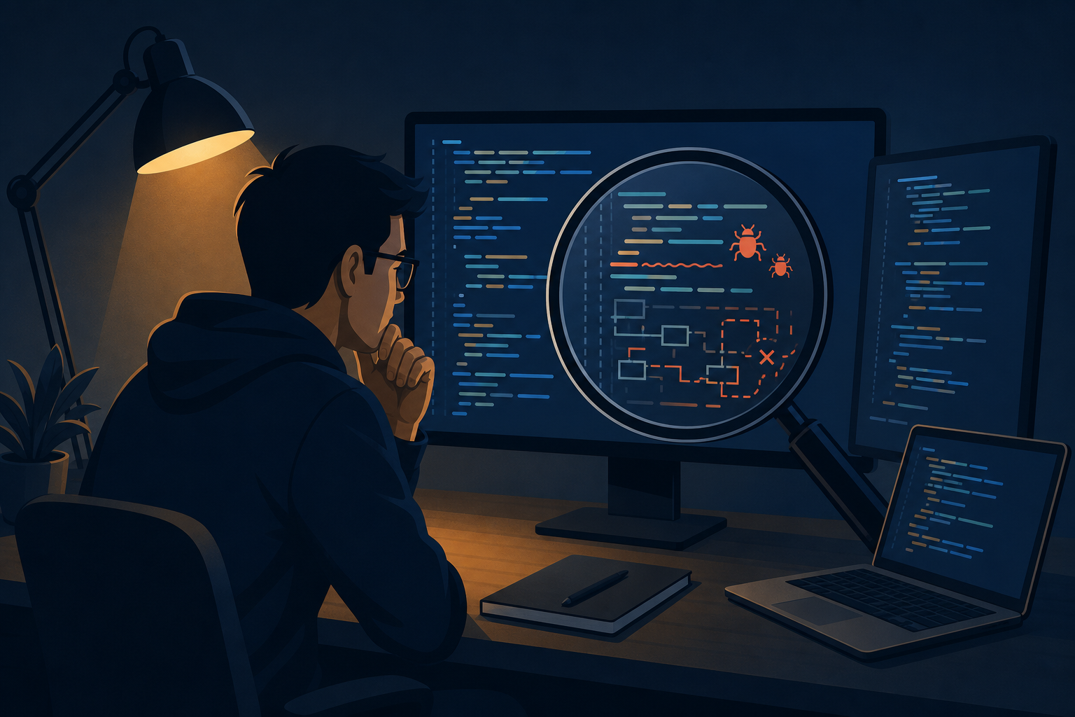 Entwickler prüft kritisch KI-generierten Code auf versteckte Fehler und strukturelle Schwächen.