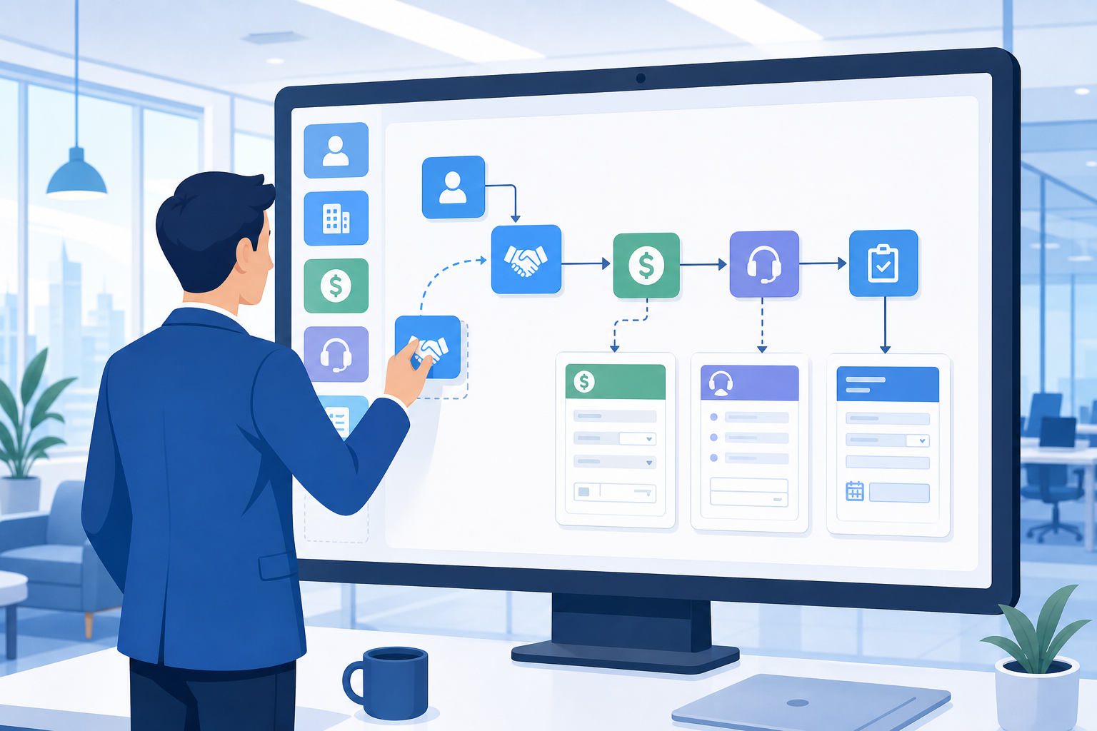 Fachanwender konfiguriert visuell einen digitalen Workflow auf einem Touchscreen in einer modernen Büroszene