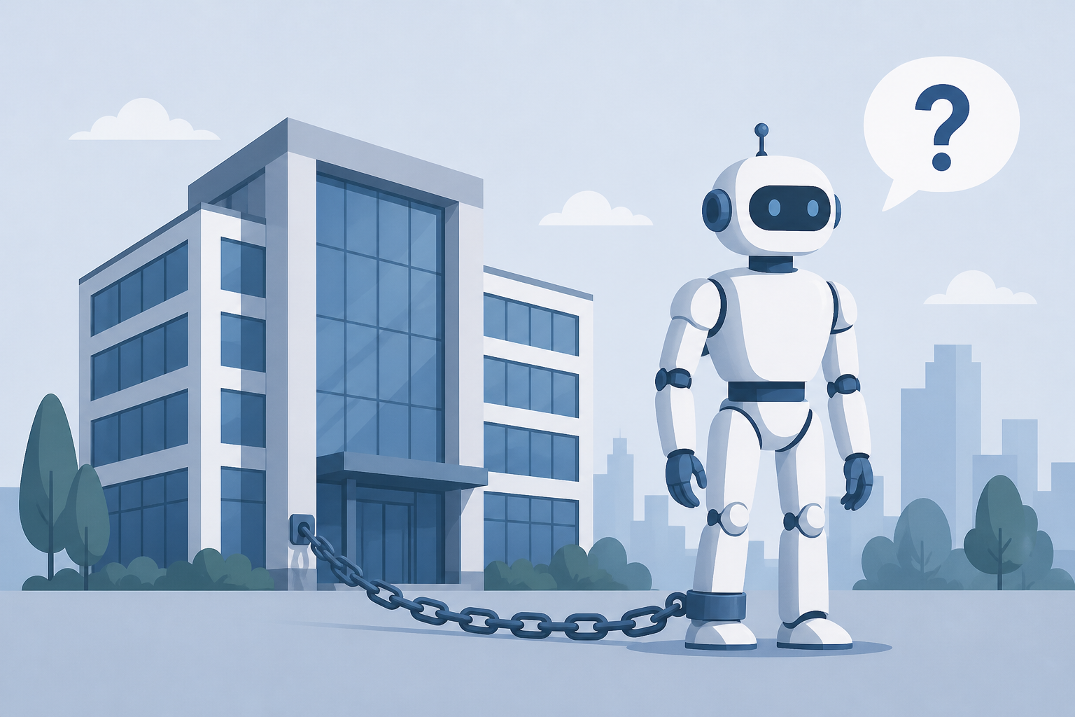 Illustration: Roboter-Chatbot vor Firmengebäude mit Verbindungslinie – symbolisiert Betreiberhaftung für KI-Aussagen.