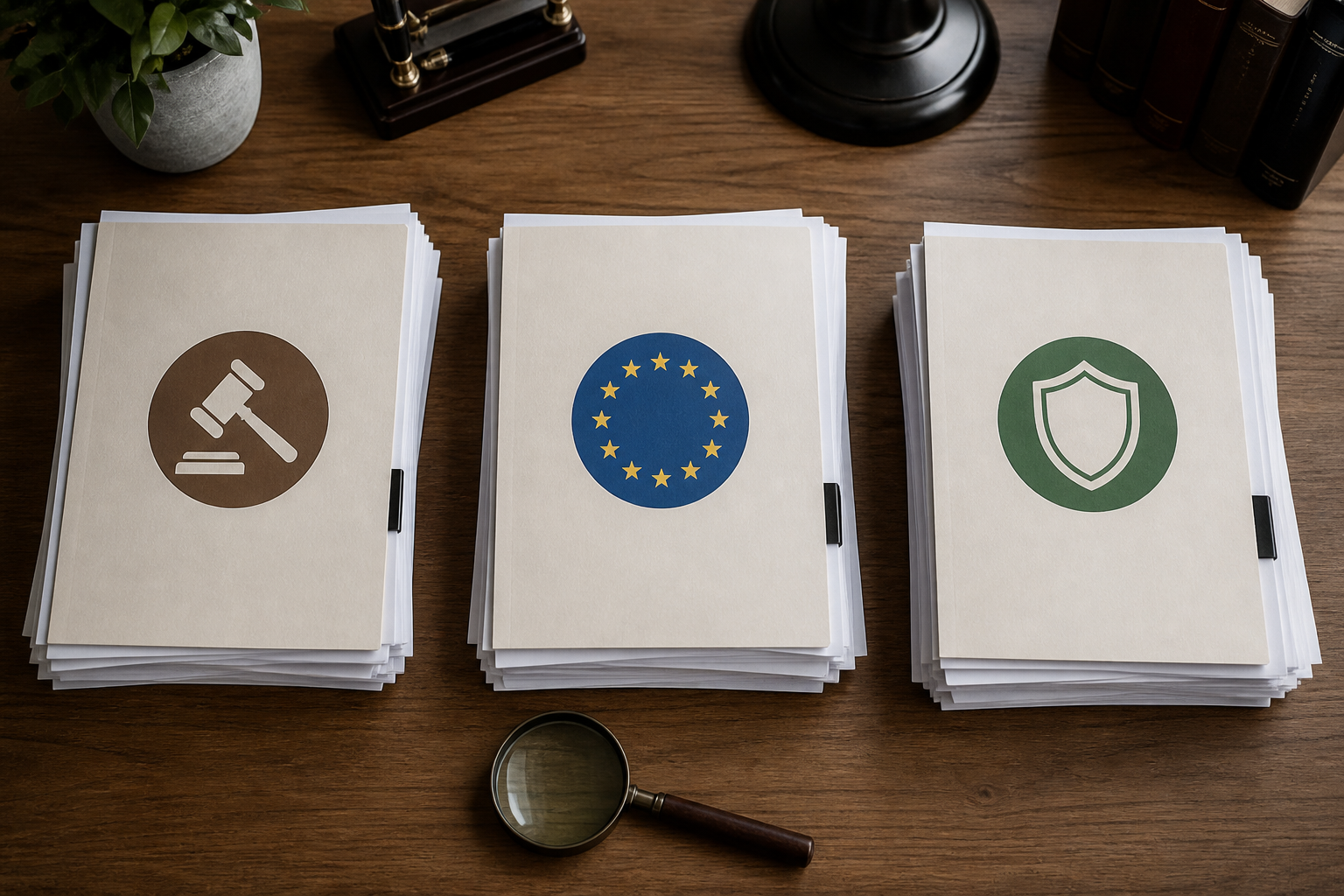 Drei Dokumentenstapel mit Symbolen für Zivilrecht, EU-Regulatorik und Verbraucherschutz auf einem Schreibtisch.