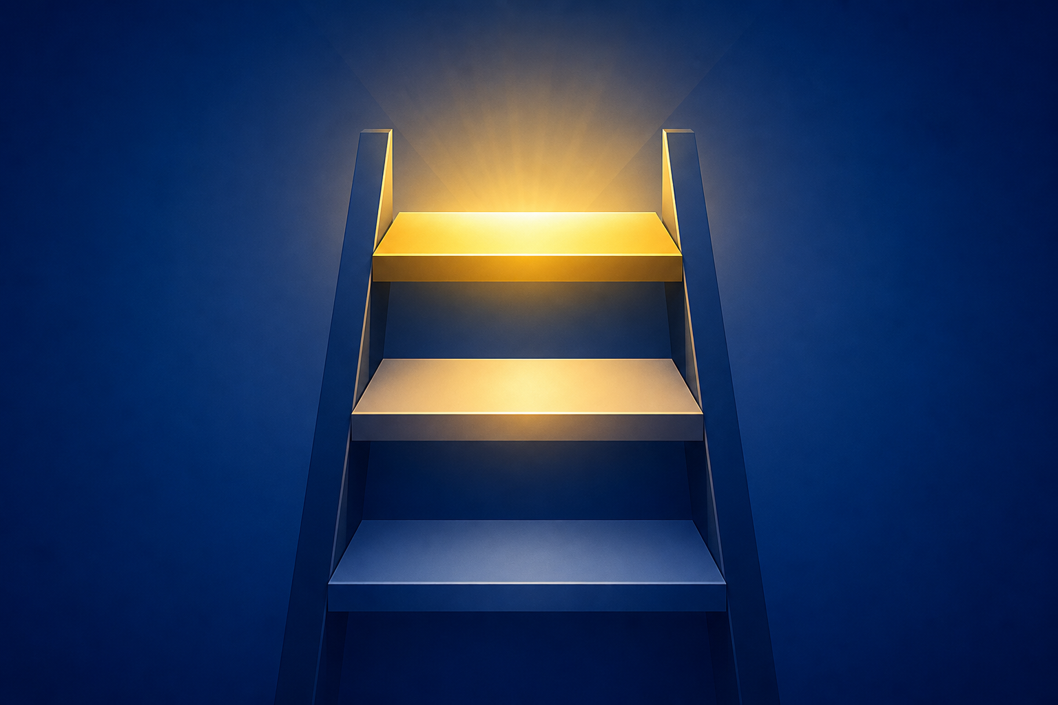 Dreistufige Treppe als Symbol für Kundenstatus-Level, von unten schwach bis oben golden leuchtend.