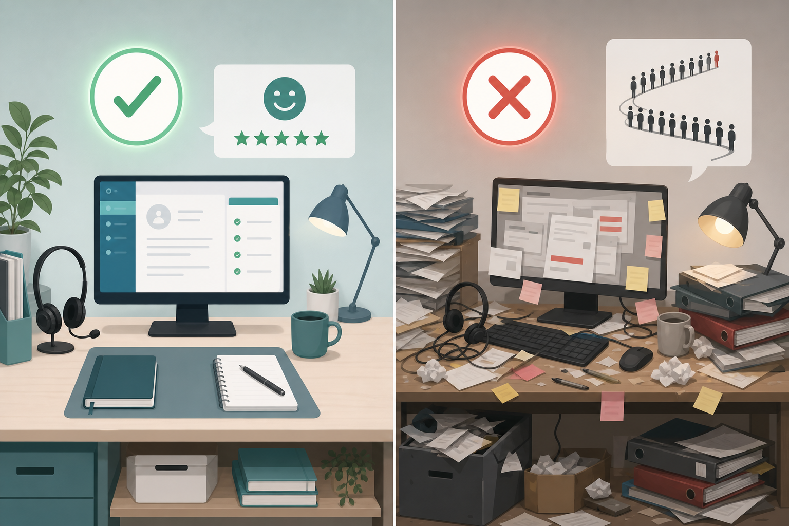 Split-Screen-Illustration: Links gelungenes Tier-Design mit grünem Haken, rechts schlechtes Design mit rotem X und langer Warteschlange.