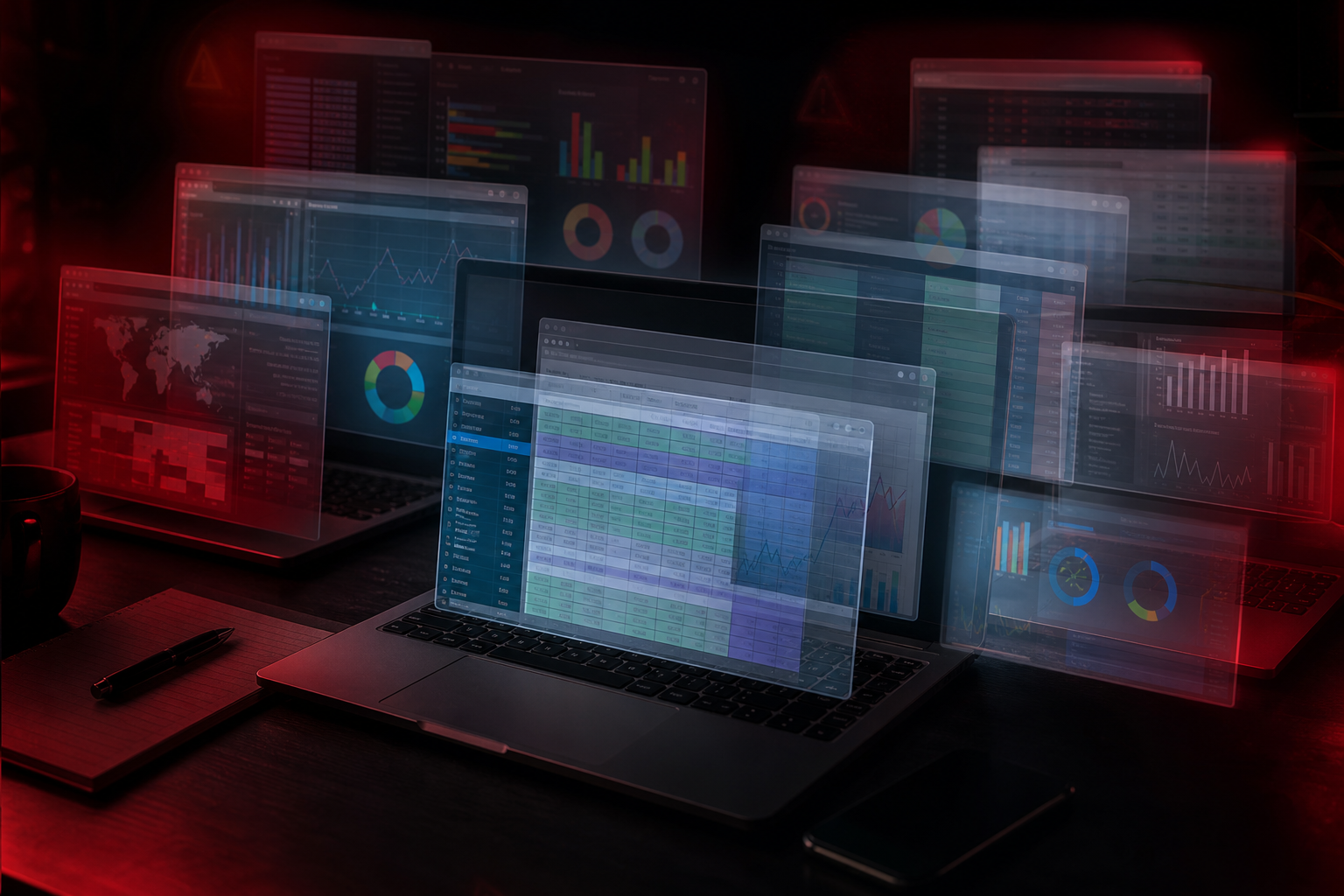 Mehrere unübersichtliche Laptop-Bildschirme mit Datendashboards symbolisieren Schatten-IT und unkontrollierten Wildwuchs