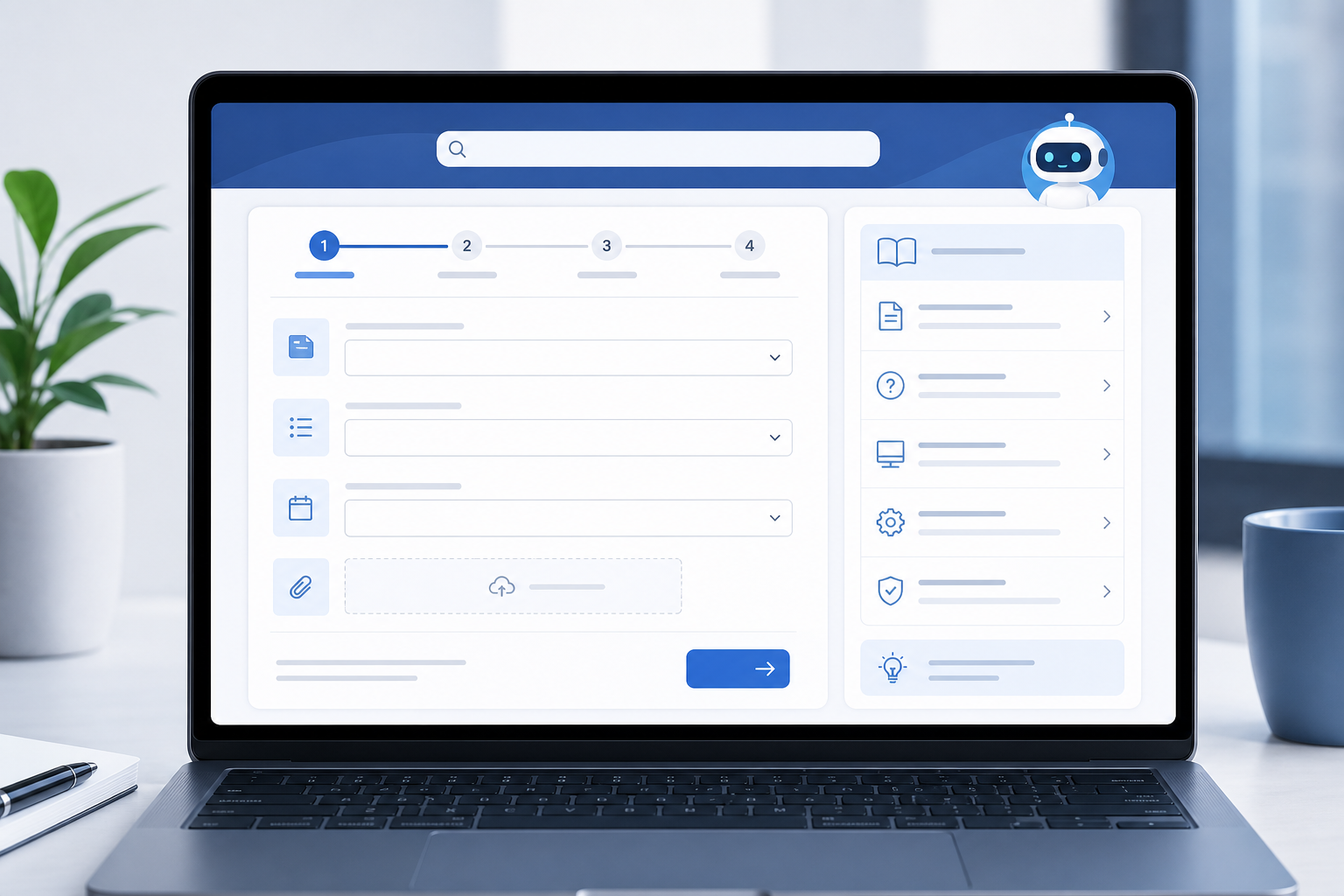 Laptop zeigt ein Self-Service-Portal mit strukturiertem Anfrageformular und Wissensdatenbank-Bereich