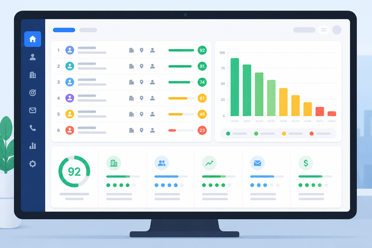 Dashboard mit priorisierter Lead-Liste und farbigen Score-Indikatoren für automatisiertes Lead-Scoring