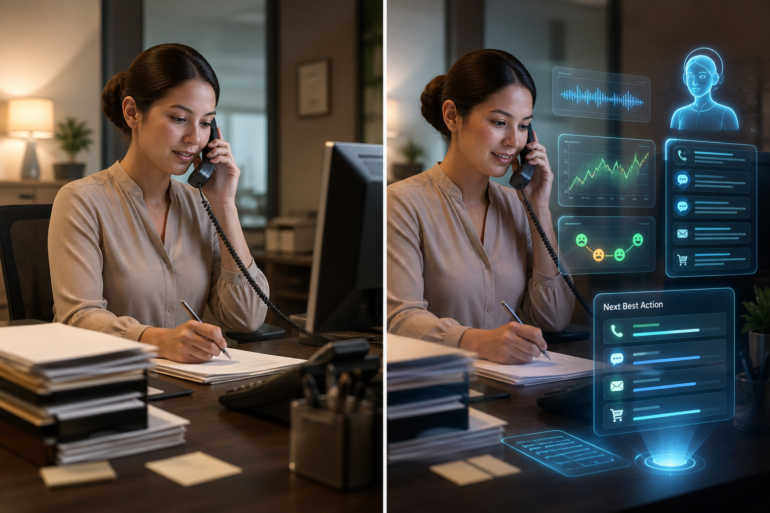 Vergleich zwischen klassischem Kundenservice-Arbeitsplatz und KI-gestütztem modernen Setup mit Echtzeit-Analyse.