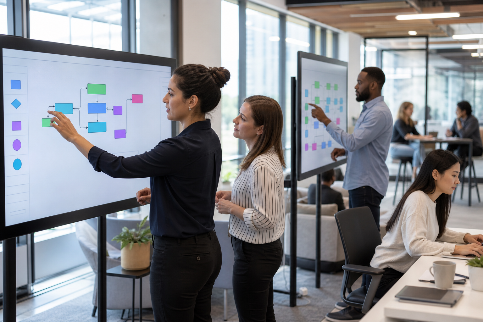 Fachbereichsmitarbeitende gestalten gemeinsam visuelle No-Code-Workflows auf großen Touchscreens im Büro