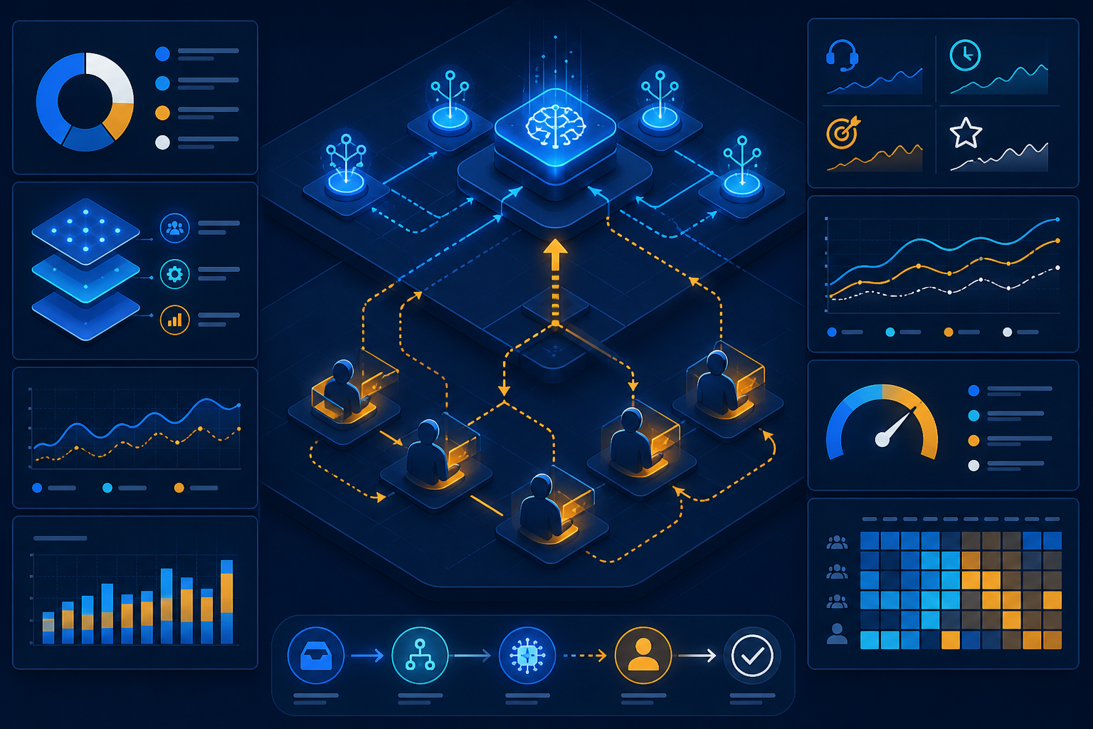 Isometrische Illustration eines hybriden Service-Operating-Modells mit KI-Agenten und menschlichen Mitarbeitenden.
