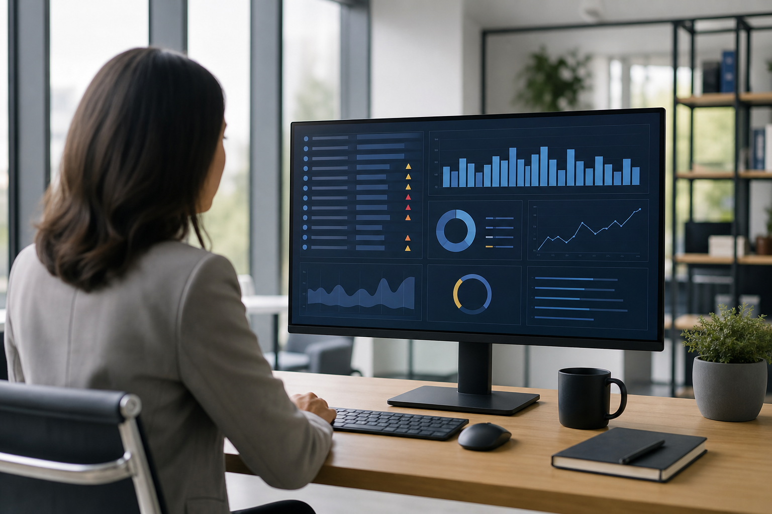Fachkraft überwacht KI-Governance-Dashboard mit Eskalationshinweisen und Qualitätsmetriken im modernen Büro.