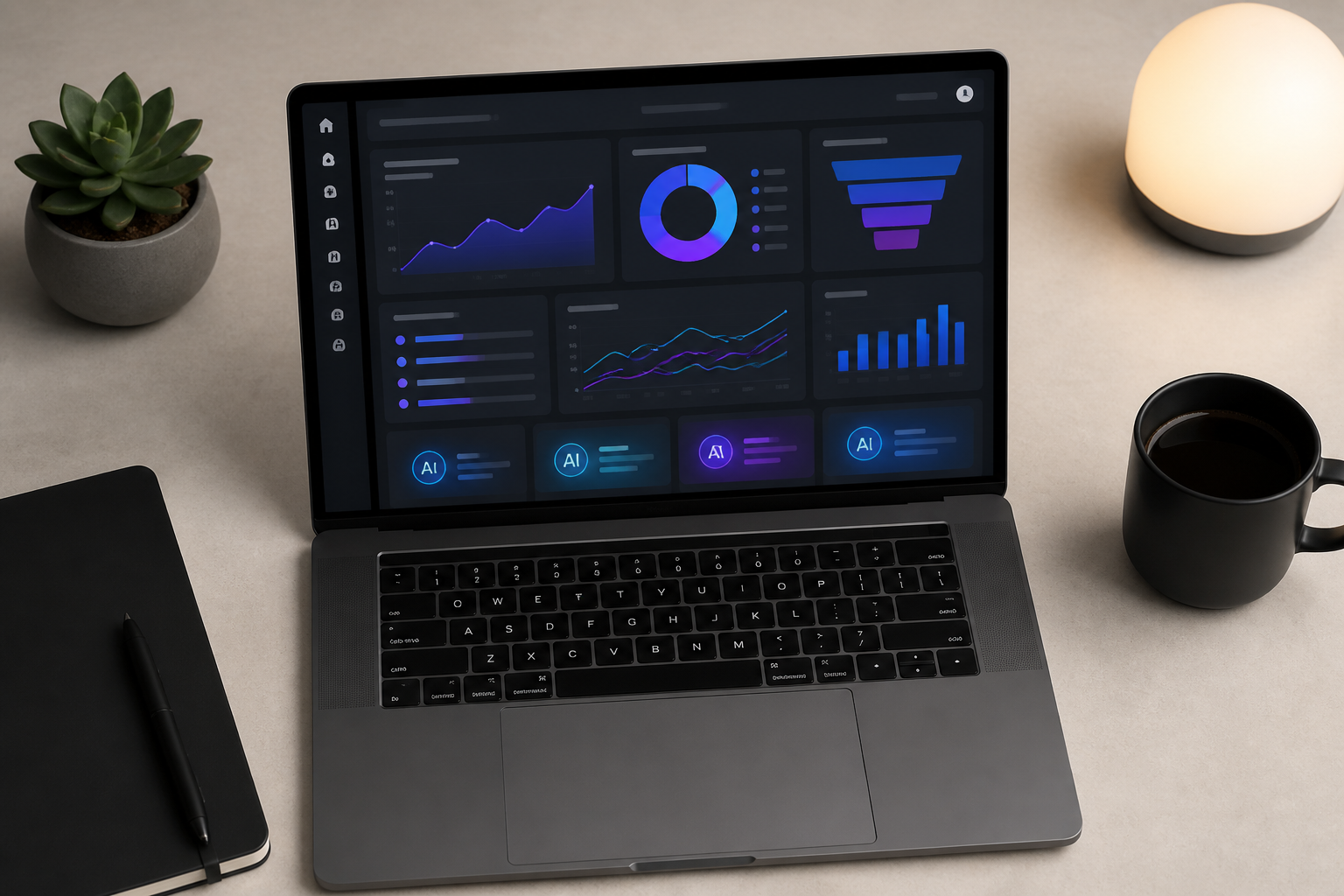 Laptop mit abstraktem CRM-Dashboard zeigt KI-gestütztes Lead-Scoring und Vertriebsprognosen