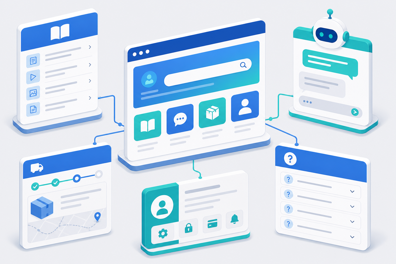 Isometrische Illustration eines Self-Service-Portals mit Wissensdatenbank, Chatbot und Bestellstatus-Modulen