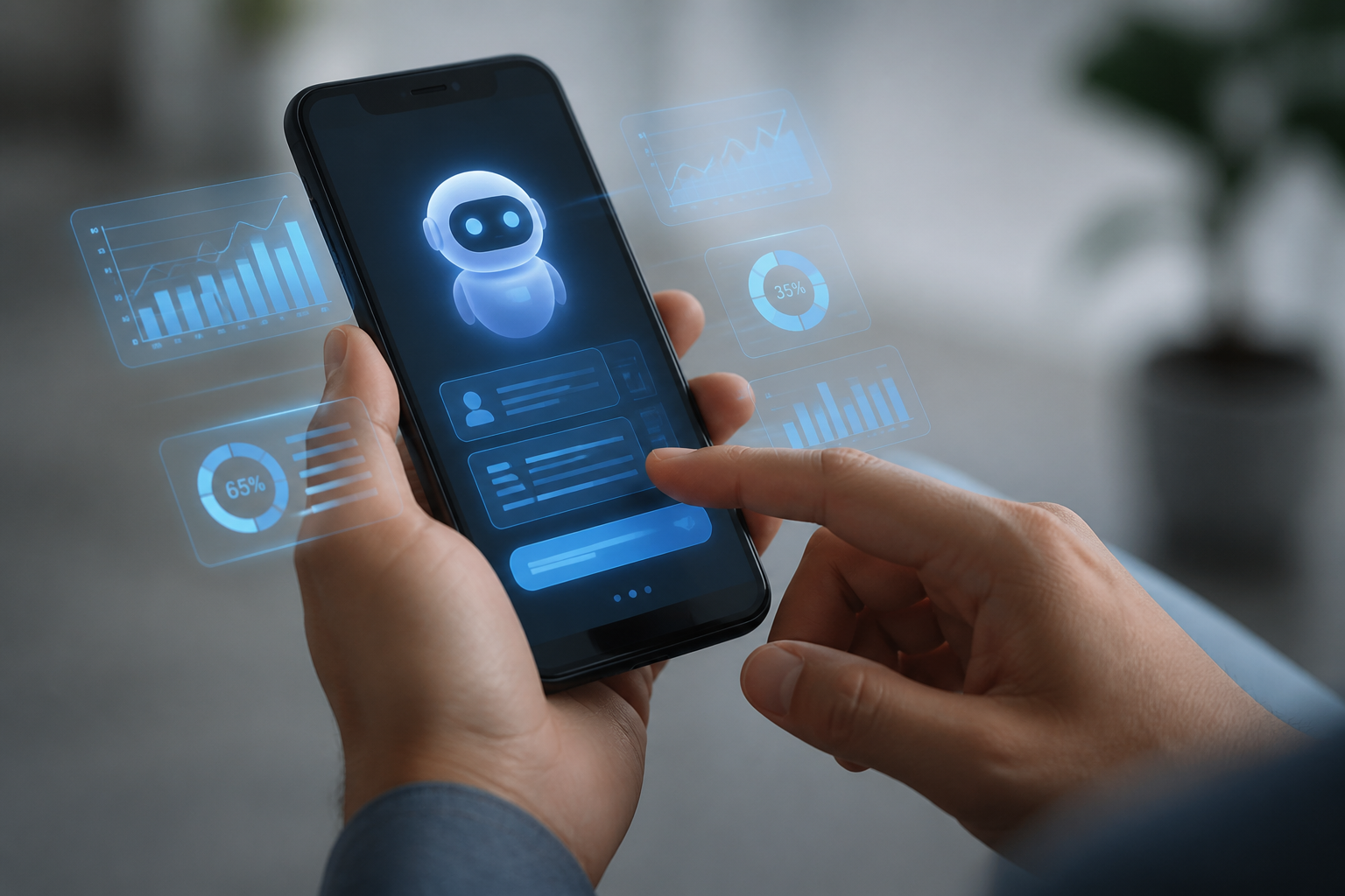 Hände halten Smartphone mit KI-Chatoberfläche und abstrakten Datendiagrammen, symbolisiert verändertes Kundenverhalten.