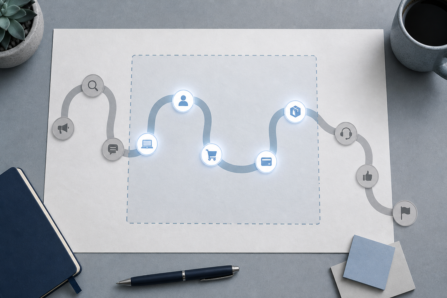 Vogelperspektive einer Customer-Journey-Karte mit Wegpunkten innerhalb und außerhalb einer markierten Unternehmensgrenze.
